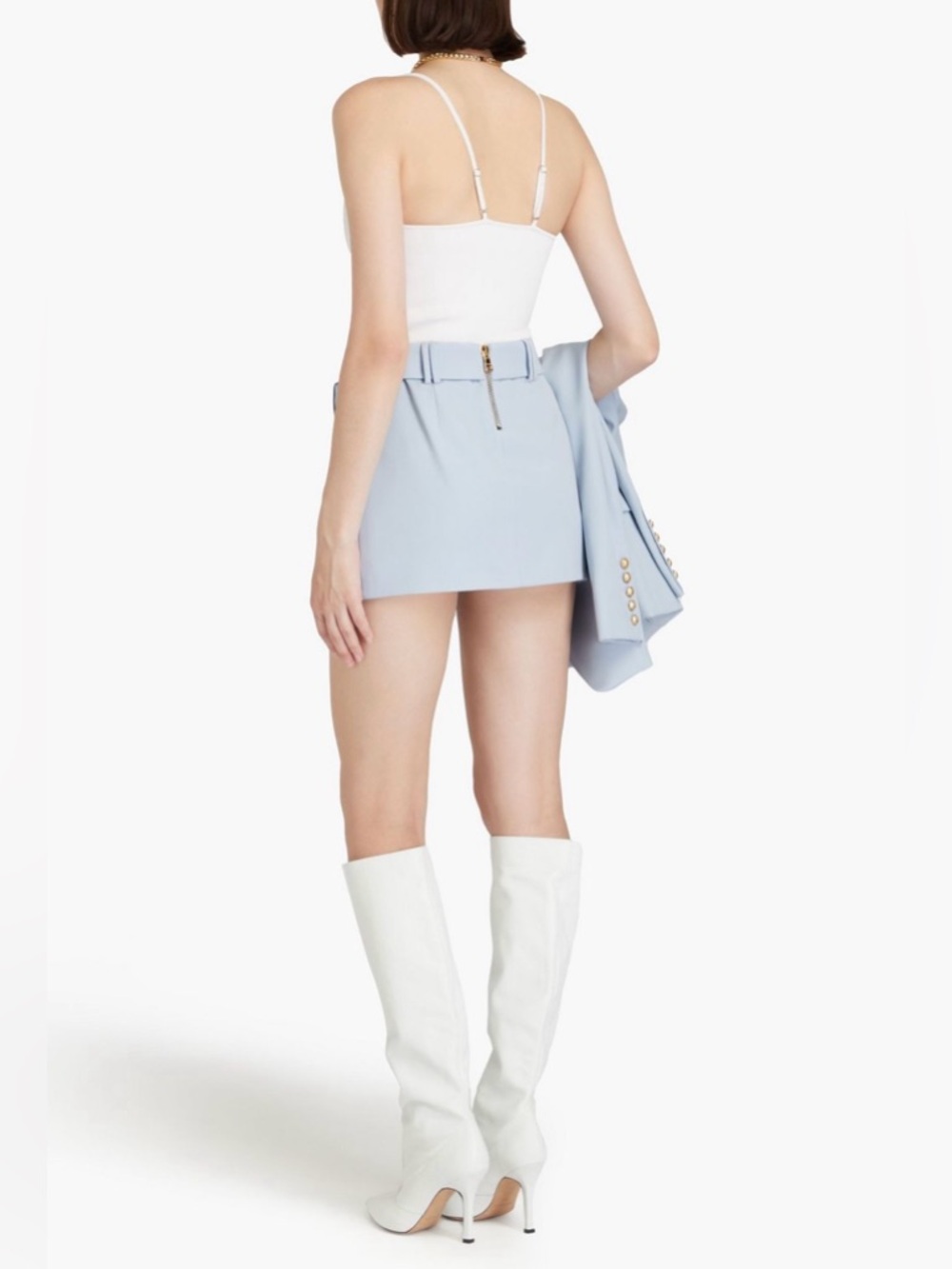 Balmain Wrap Mini Skirt Light Blue Wool Belted Women US6 FR38 Logo Designer Chic - Picture 4 of 16
